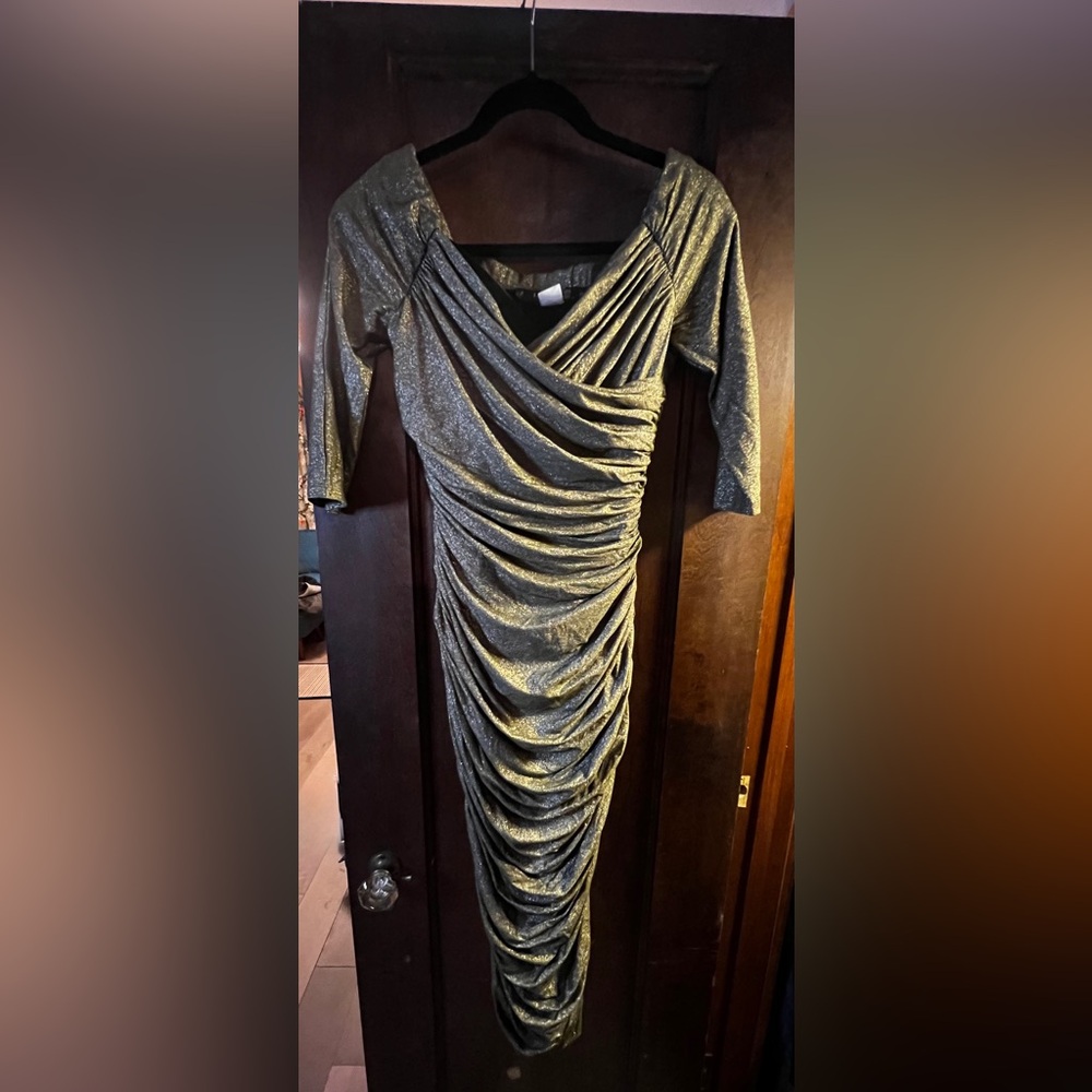 Altered Laura Byrnes Pinup Girl Clothing Monica Dress in gold lurex size L